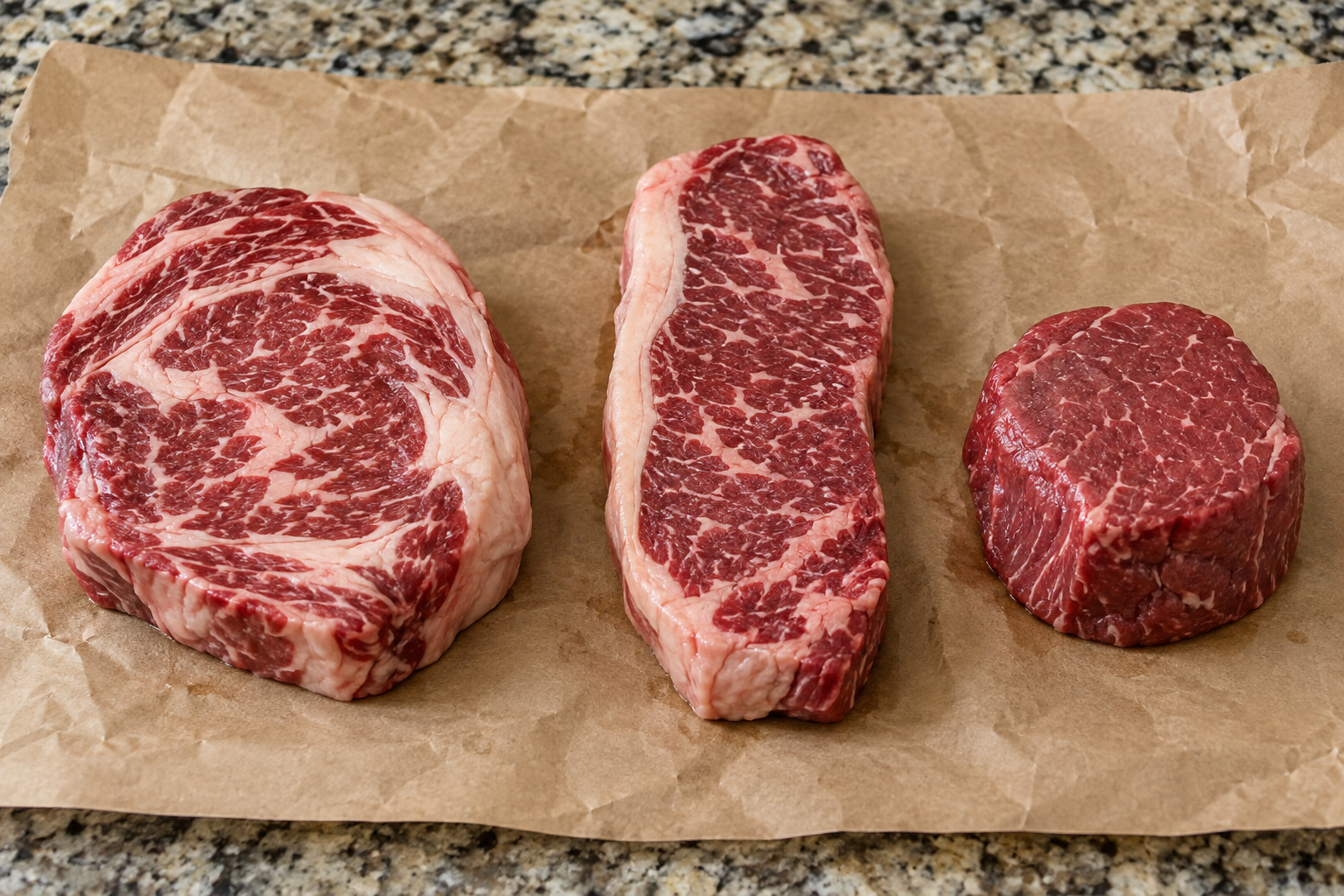 Raw ribeye, New York strip and filet steaks side by side on butcher paper