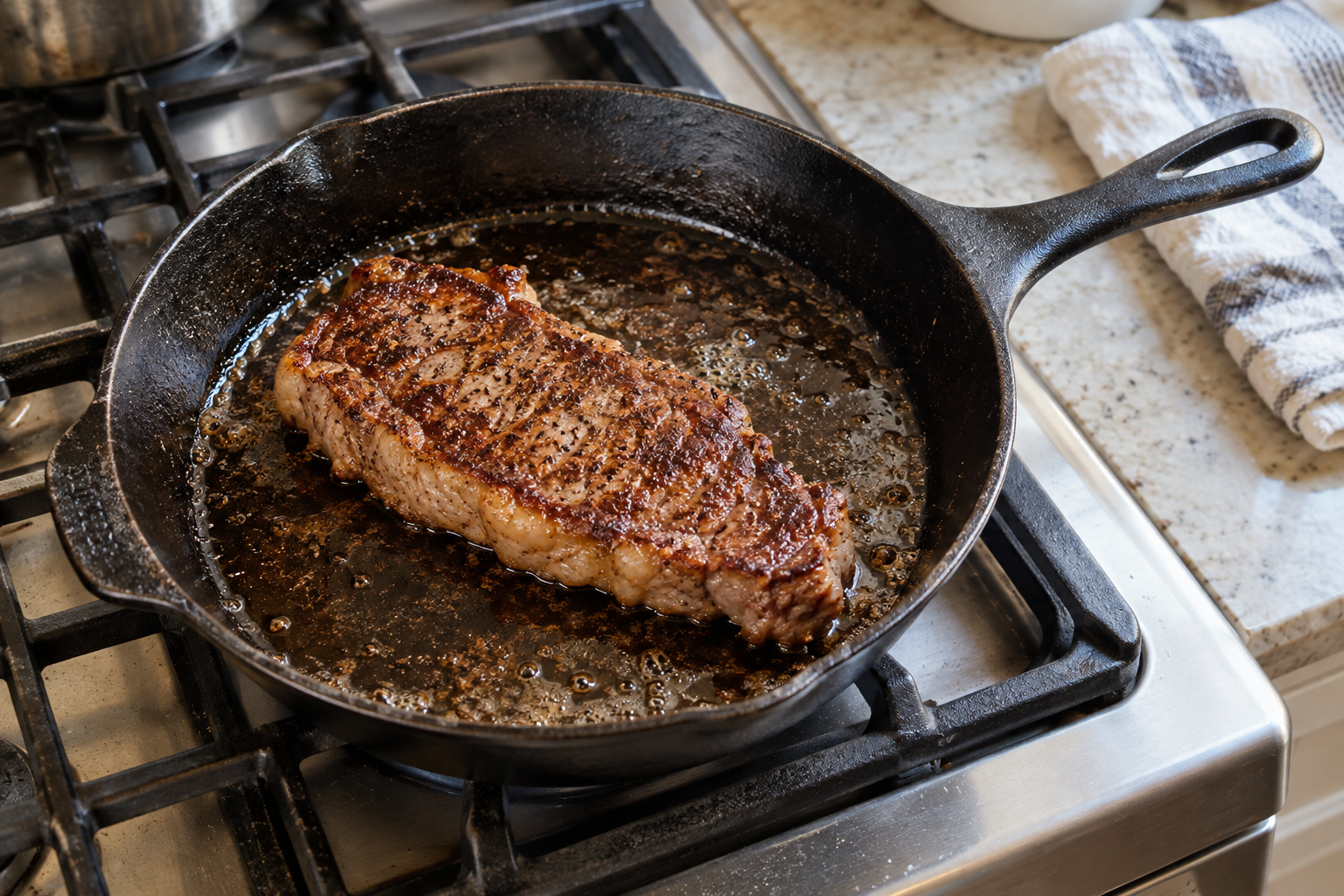 Browned strip steak in a cast-iron skillet on a home stovetop