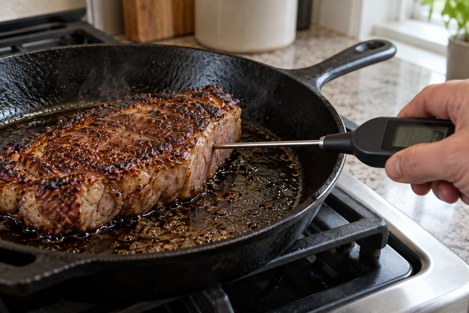 An instant-read thermometer probe checking the thickest center of a steak in a cast-iron pan